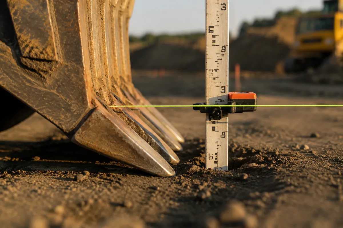 Excavator bucket teeth aligning precisely with survey line and grade marker