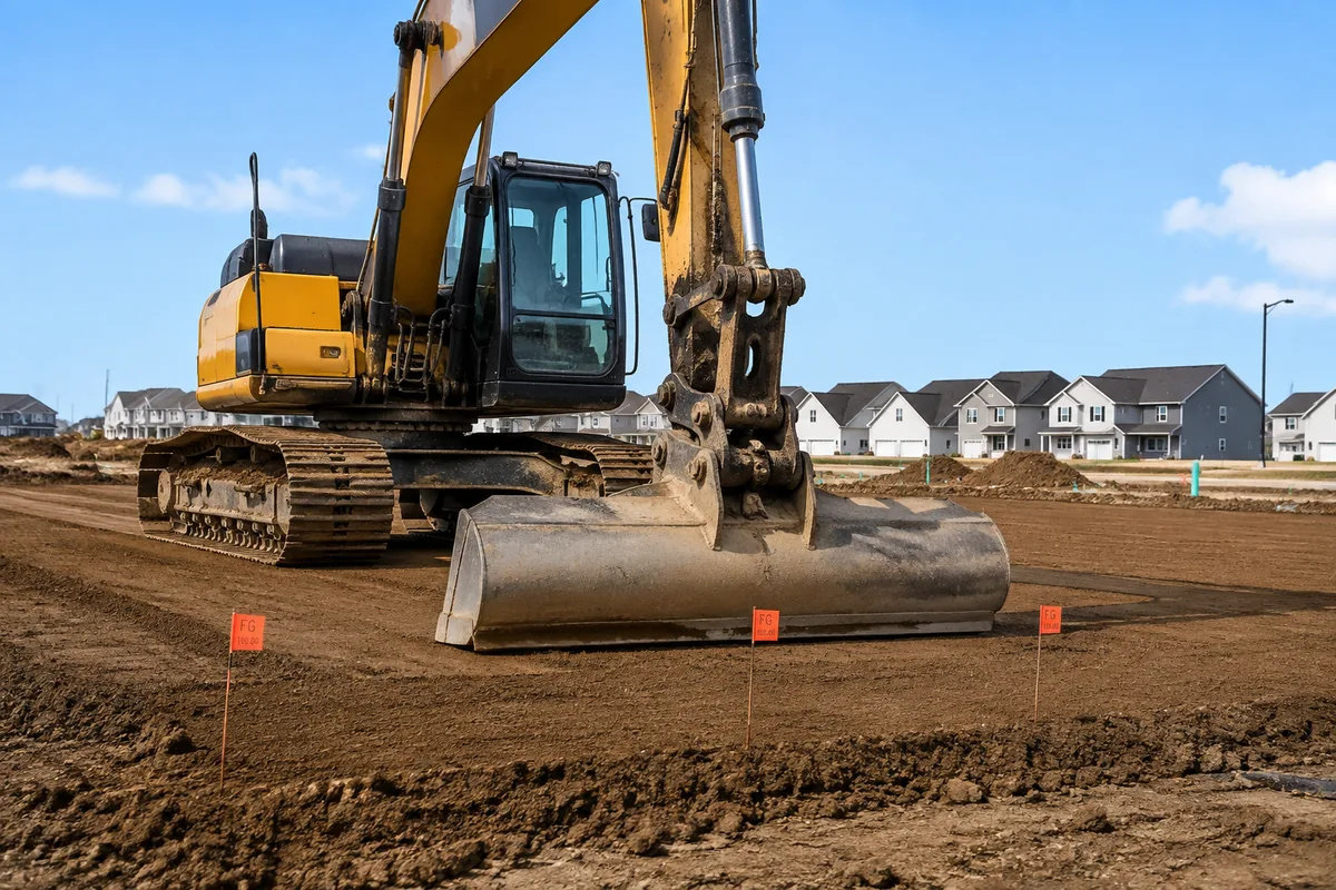Excavator doing final grade precision earthwork with survey markers on site