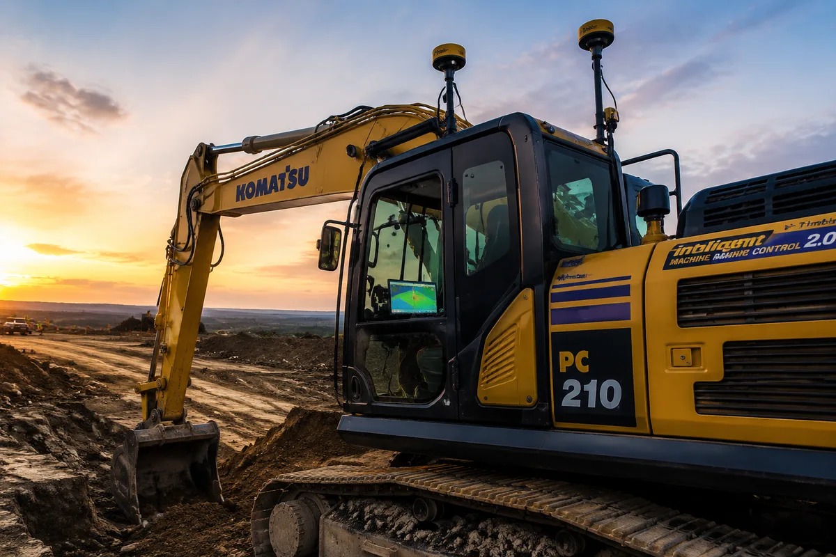 Excavator with GNSS machine guidance system working on construction site at dusk