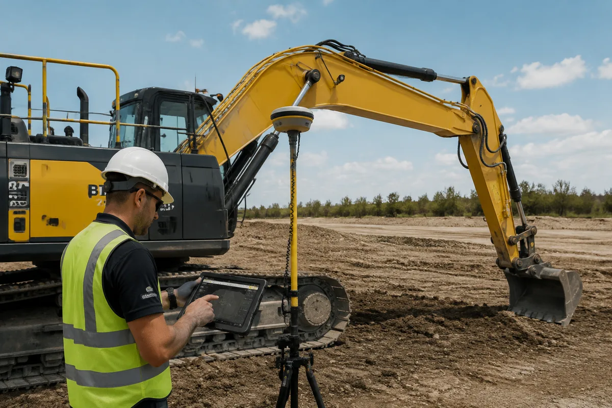 Technician calibrating excavator guidance system with tablet computer