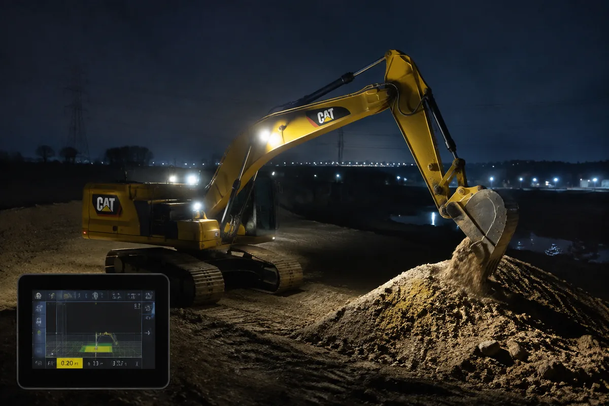 Excavator working alone at night with illuminated guidance display