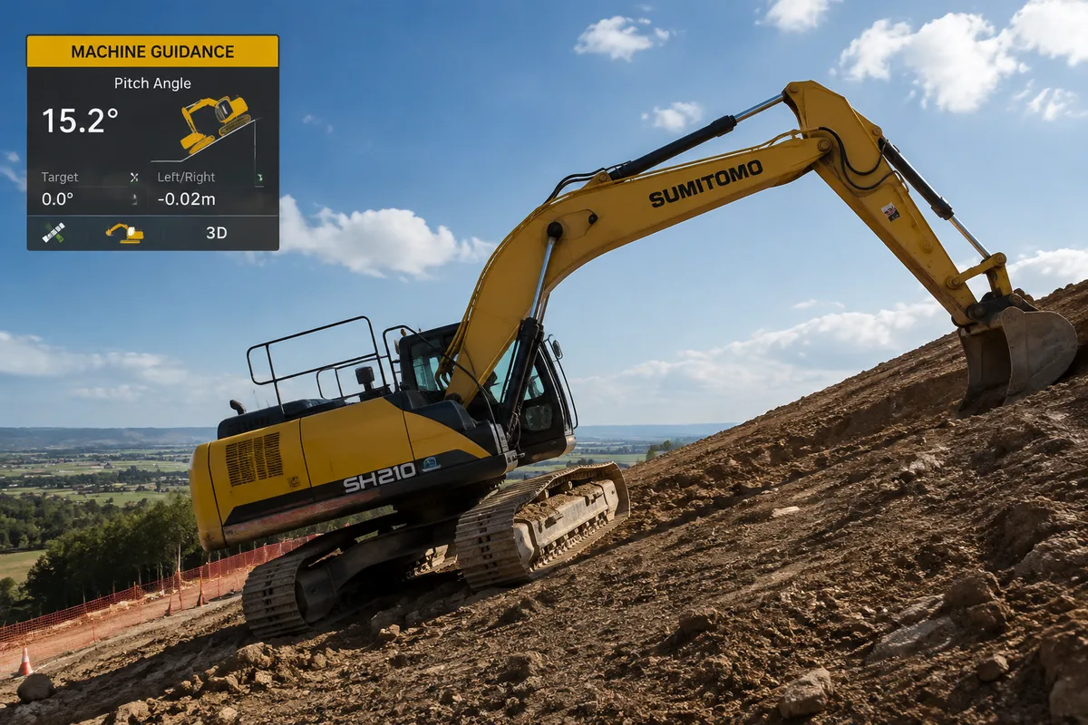 Excavator working on steep slope with machine guidance system