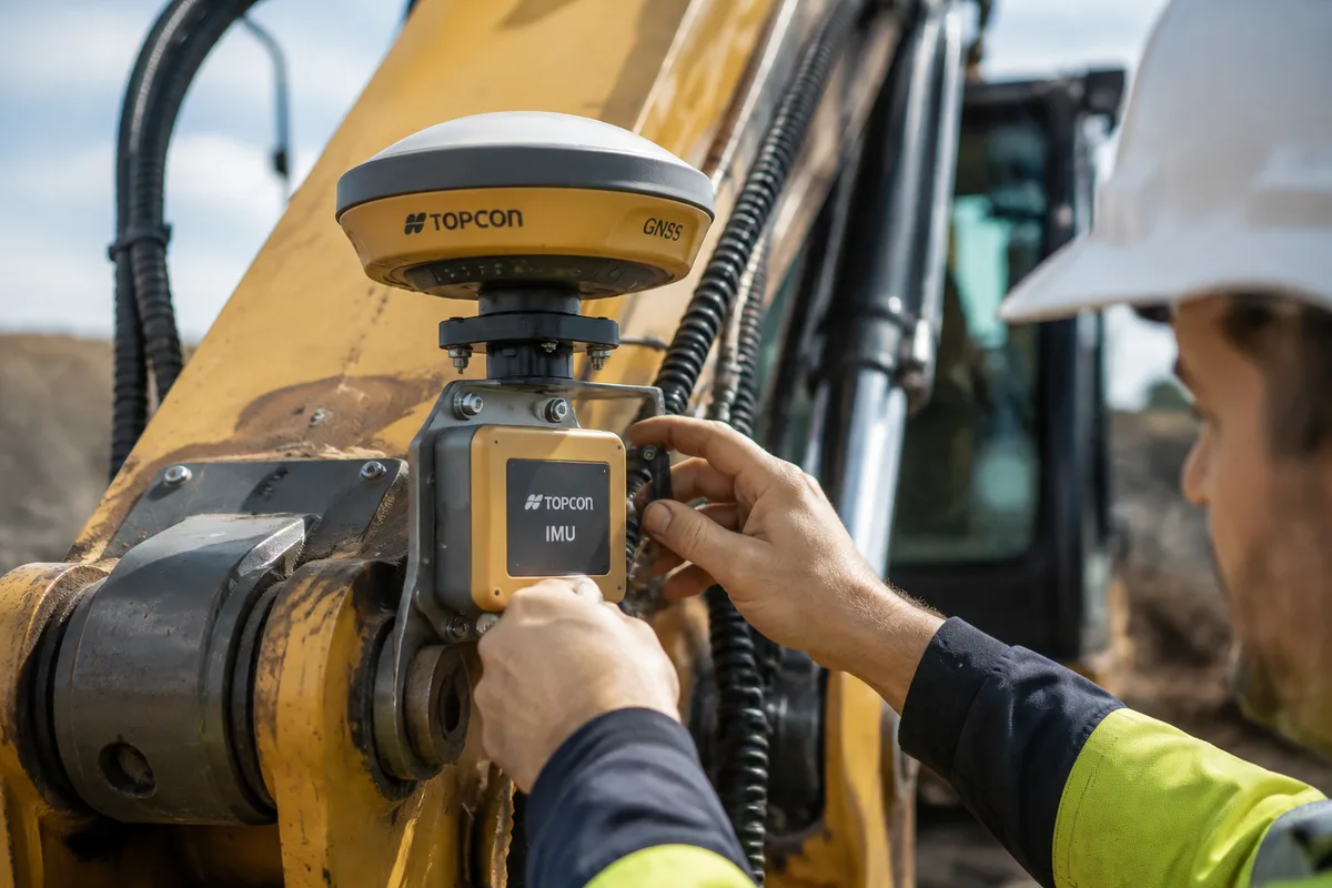 GNSS antenna and IMU sensor installation on excavator boom