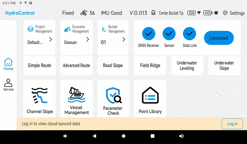 Excavator GNSS app home screen showing connected receiver and sensors