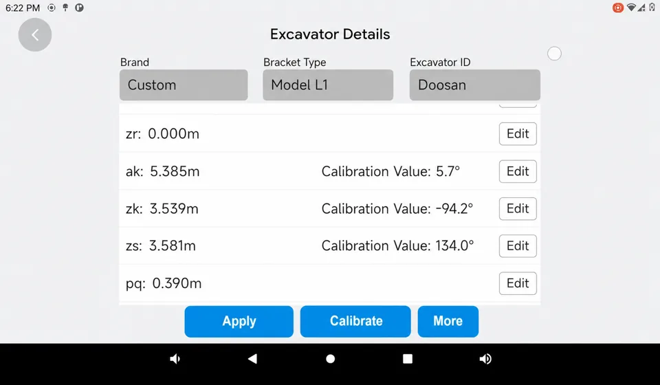 Excavator GNSS calibration parameters for bucket and arm sensors