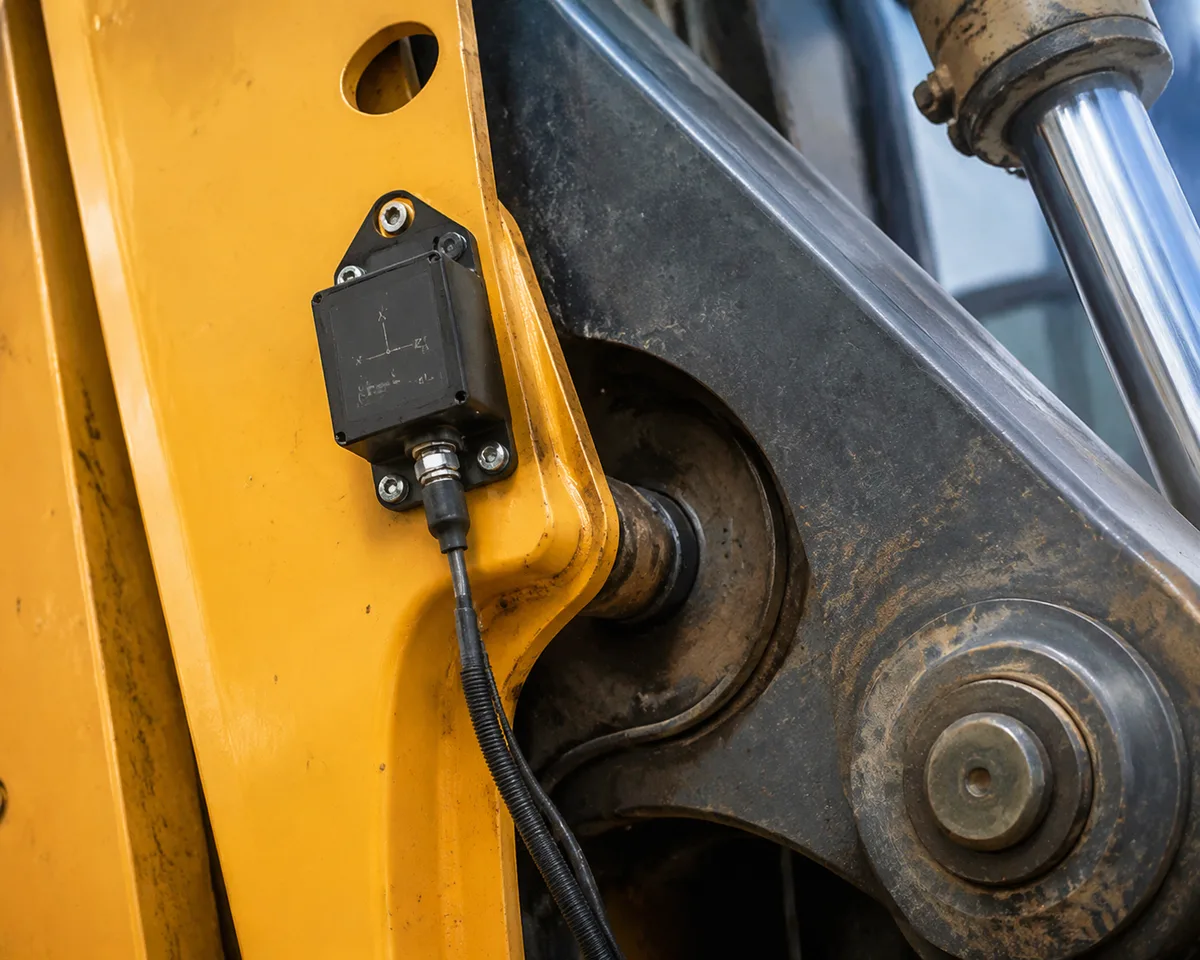 IMU inertial sensor mounted on excavator boom linkage