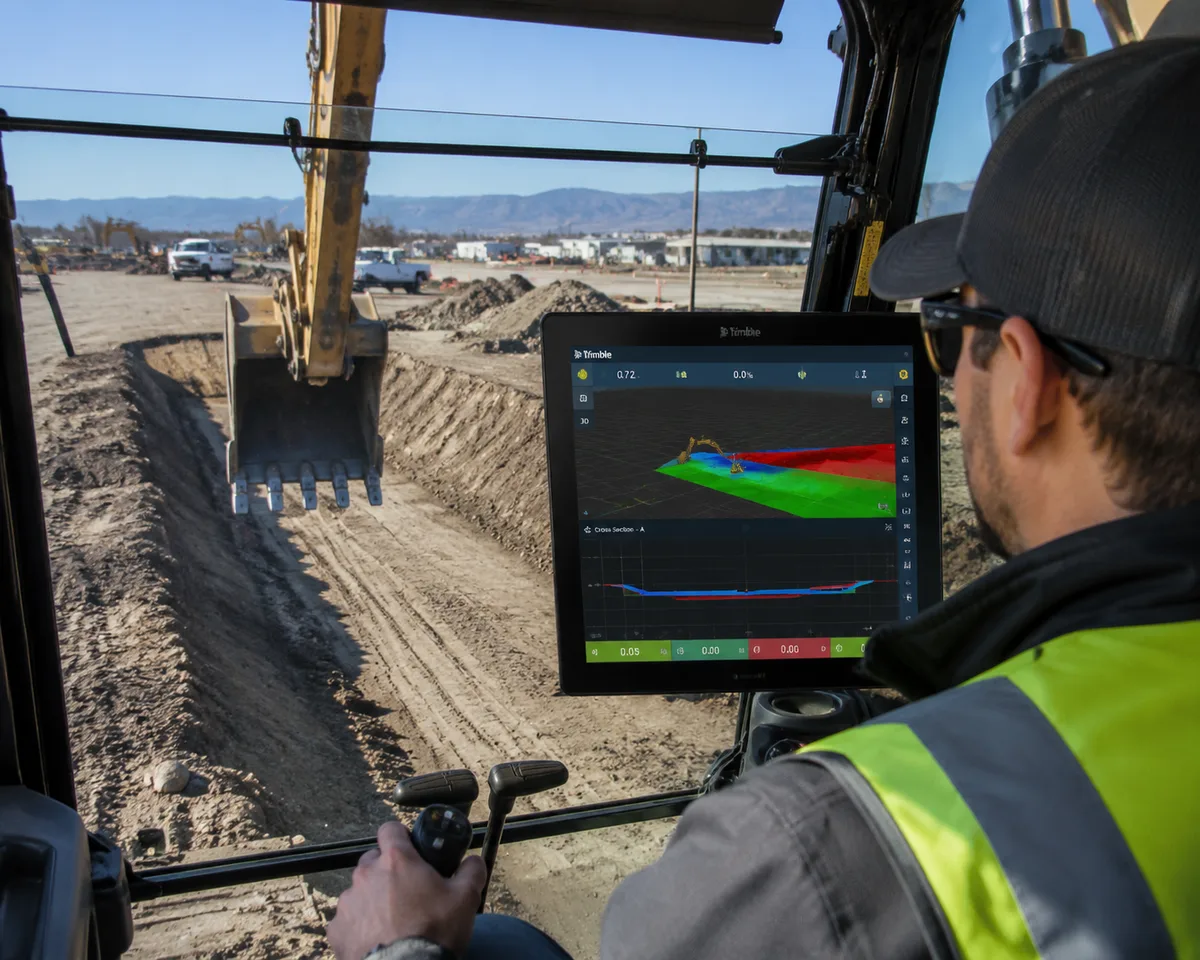 Excavator operator using 3D machine guidance display in cab
