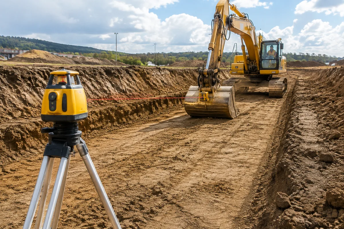 Rotating laser level guiding excavator on flat trench bottom