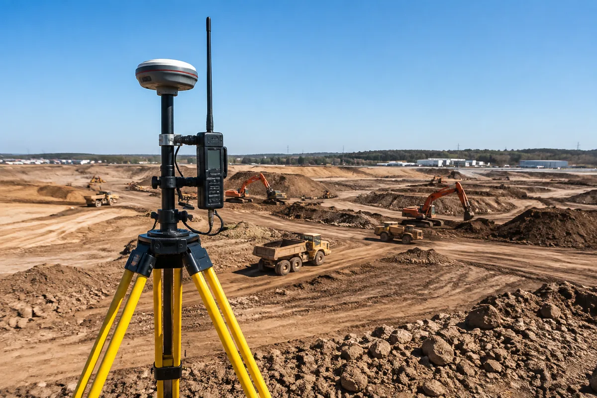 RTK GNSS base station on tripod at edge of earthworks site