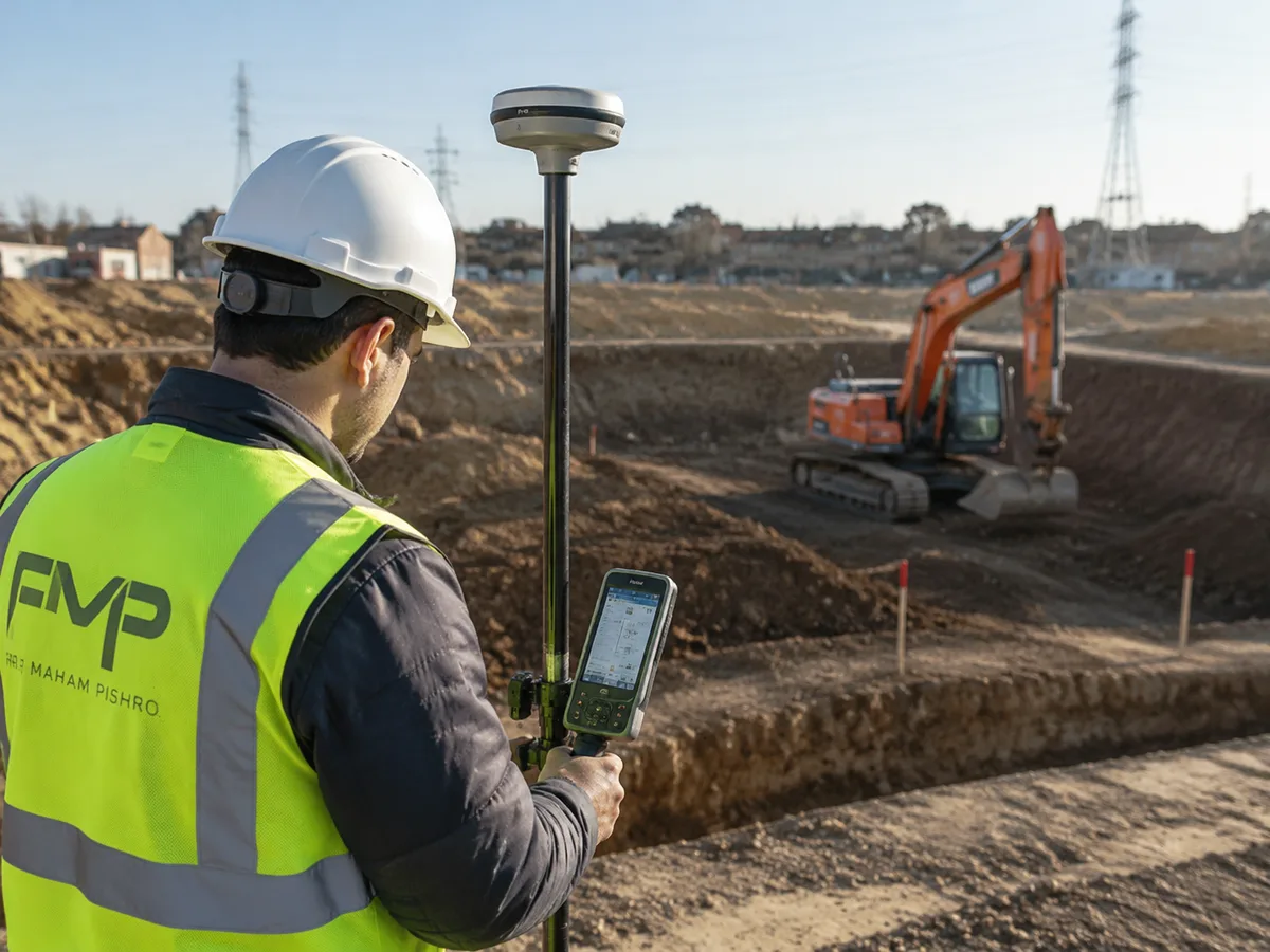 Surveyor checking excavation grade with GNSS rover on construction site