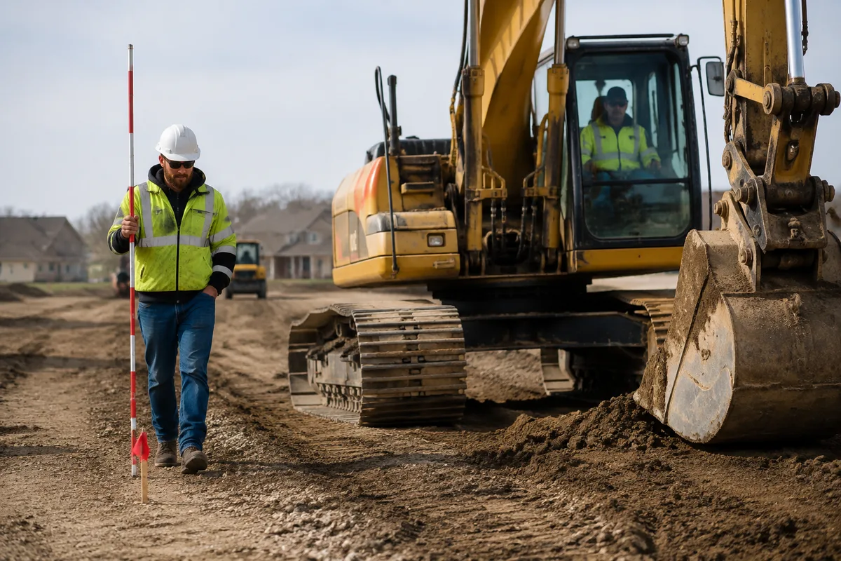 Grade checker with survey rod walking beside excavator on construction site