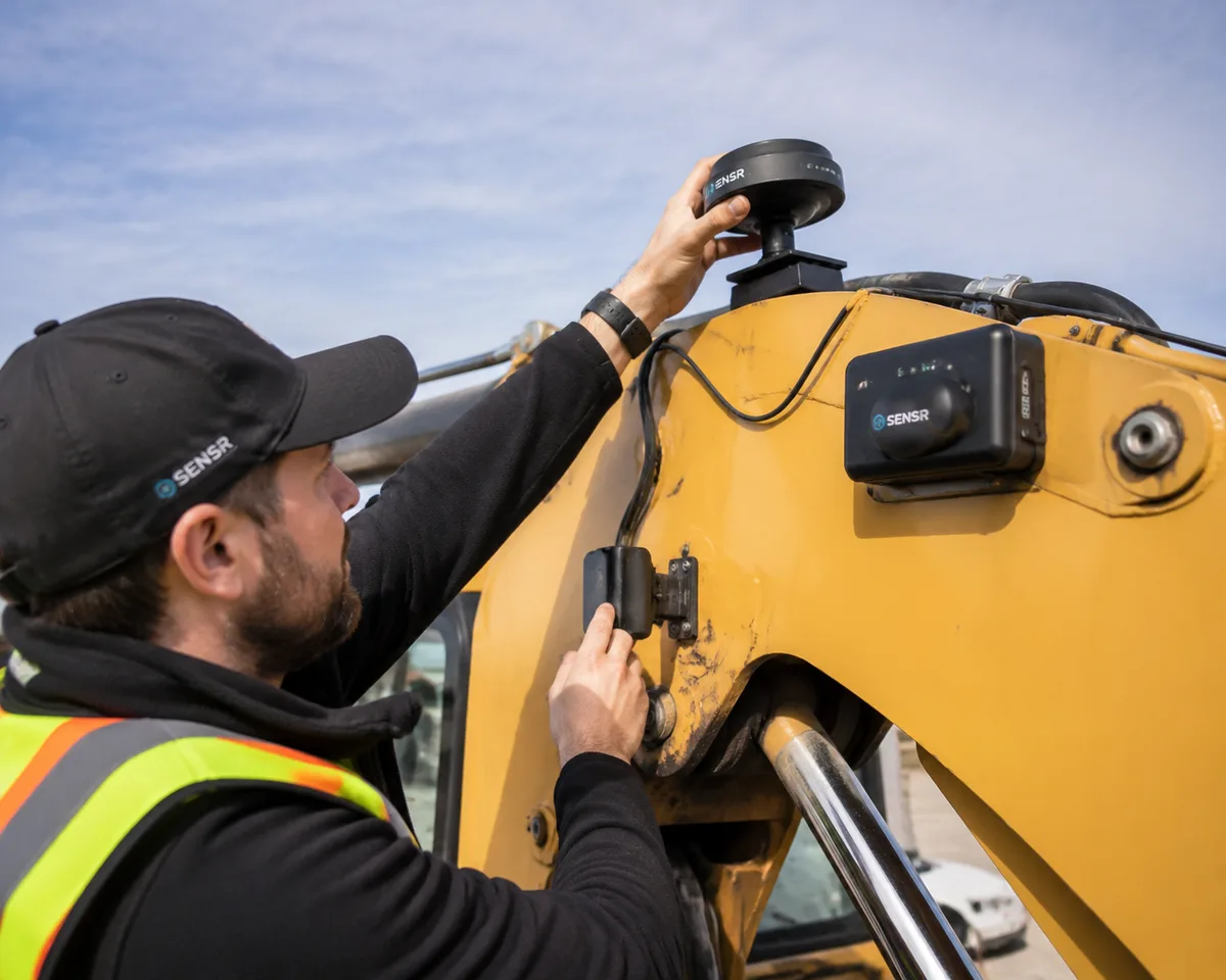 Technician installing wireless GNSS and IMU kit on excavator boom without cables